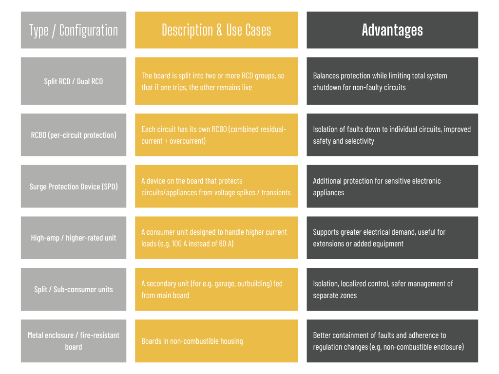 Consumer unit comparison chart